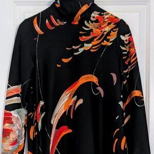 Vintage Stella Fagin Kaftan Dress Black Orange Abstract Maxi ILGWU Sz Small NWT